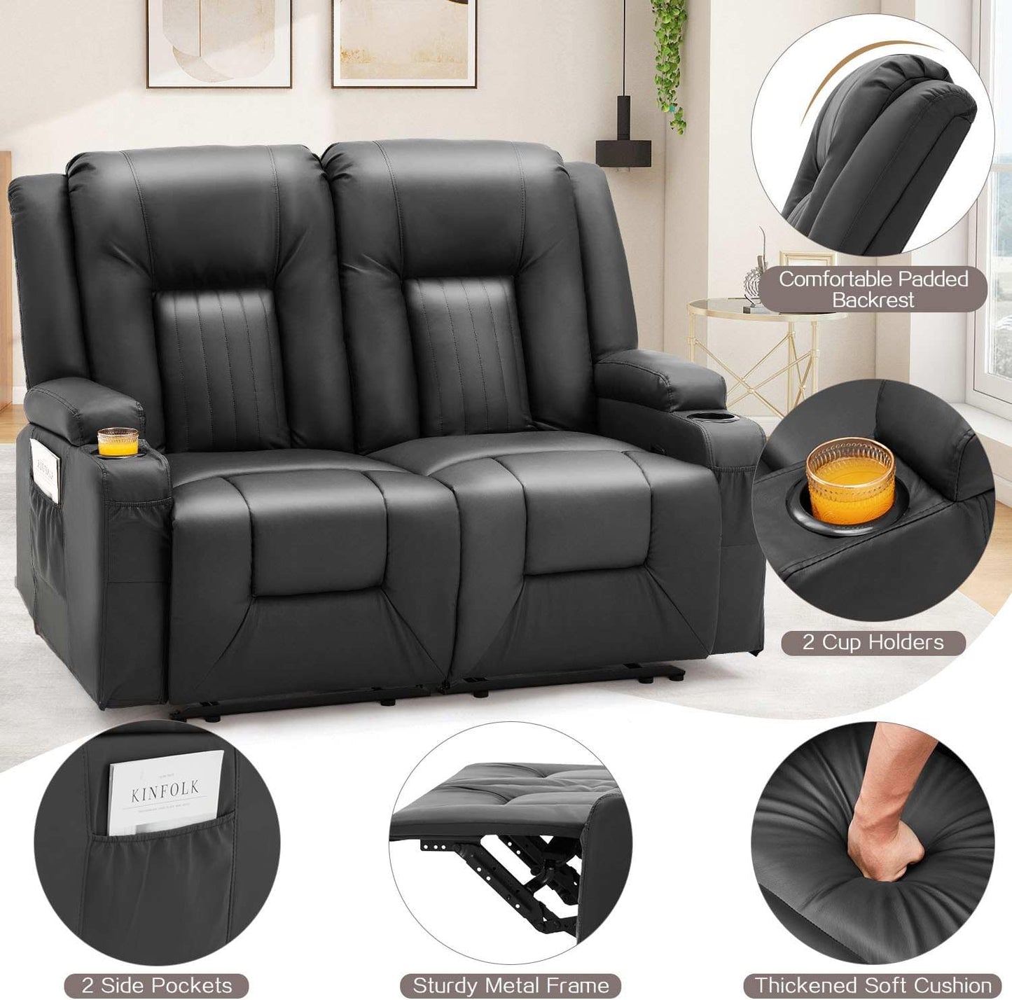 YODOLLA Double Recliner, Home Theater Seating, Black