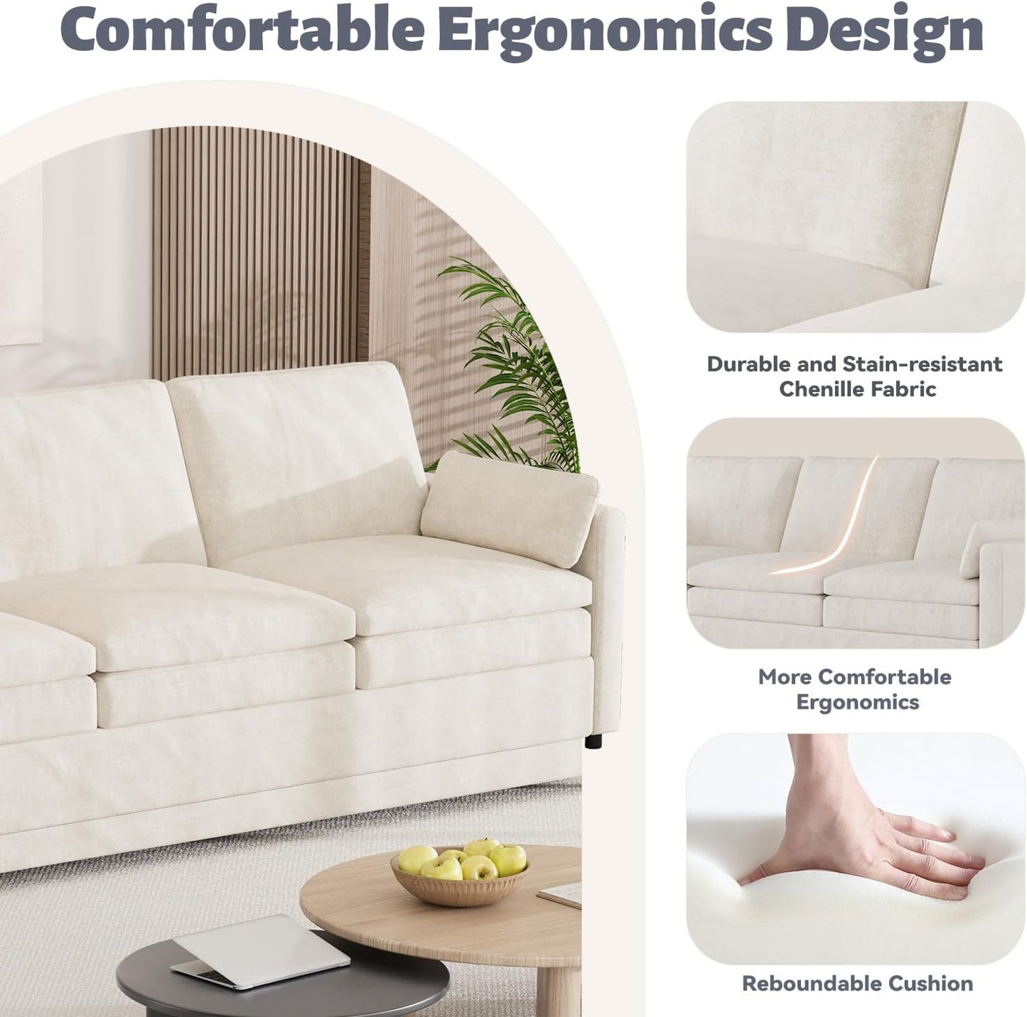 YODOLLA 89" Chenille Sofa, 3-Seater, 2 Removable Pillows, Cream White