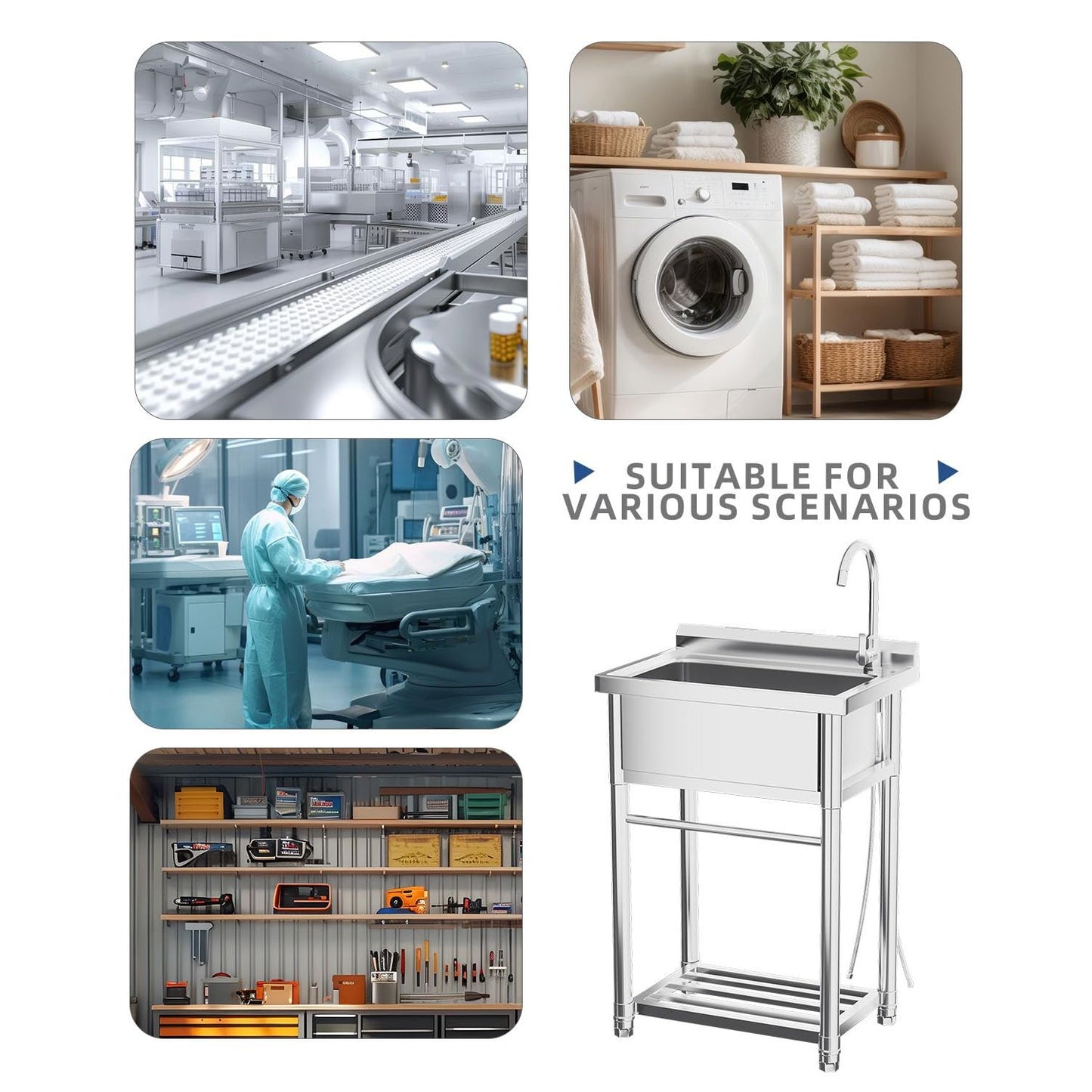 YODOLLA Stainless Steel Utility Sink Free Standing Single Bowl Commercial Kitchen Sinks