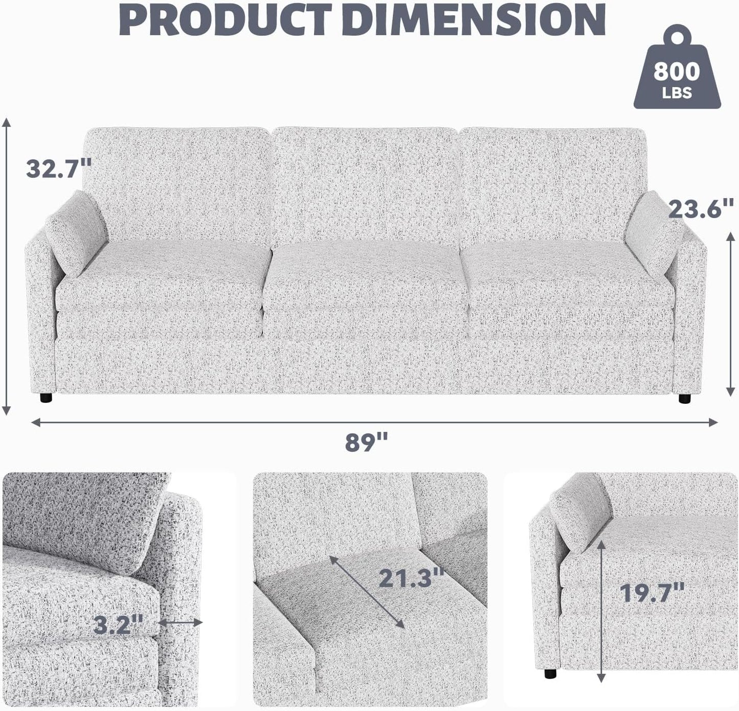 YODOLLA 89" Chenille Sofa, 3-Seater, 2 Removable Pillows, Gray