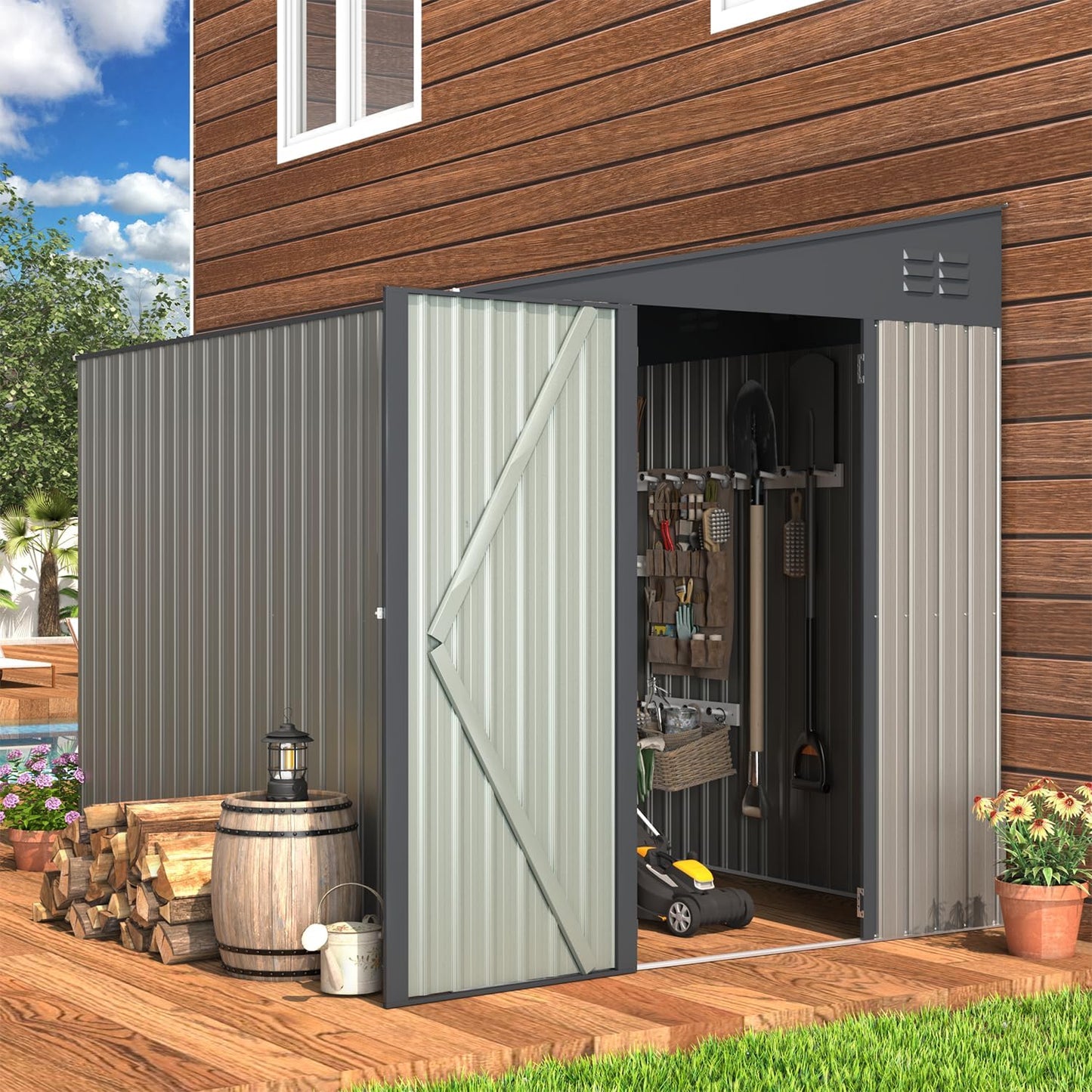 YODOLLA Outdoor 6' x 8' Metal Wall Side Lean to Storage Shed, Gray