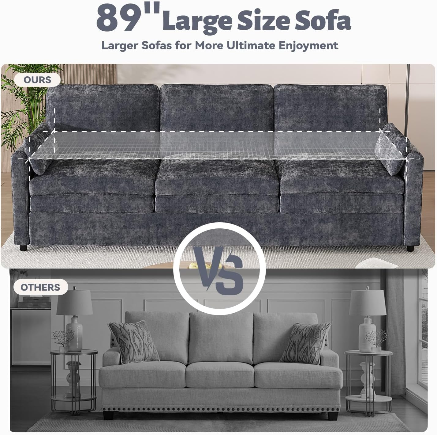 YODOLLA 89" Chenille Sofa, 3-Seater, 2 Removable Pillows, Black
