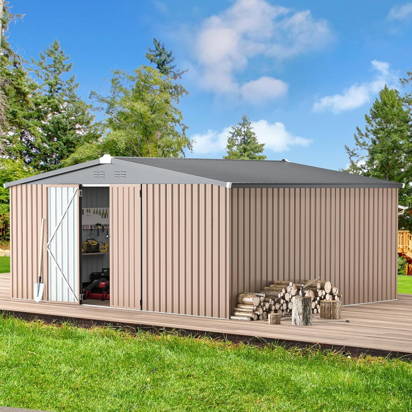 YODOLLA 14x12 Metal Storage Shed Outdoor Shed, Brown