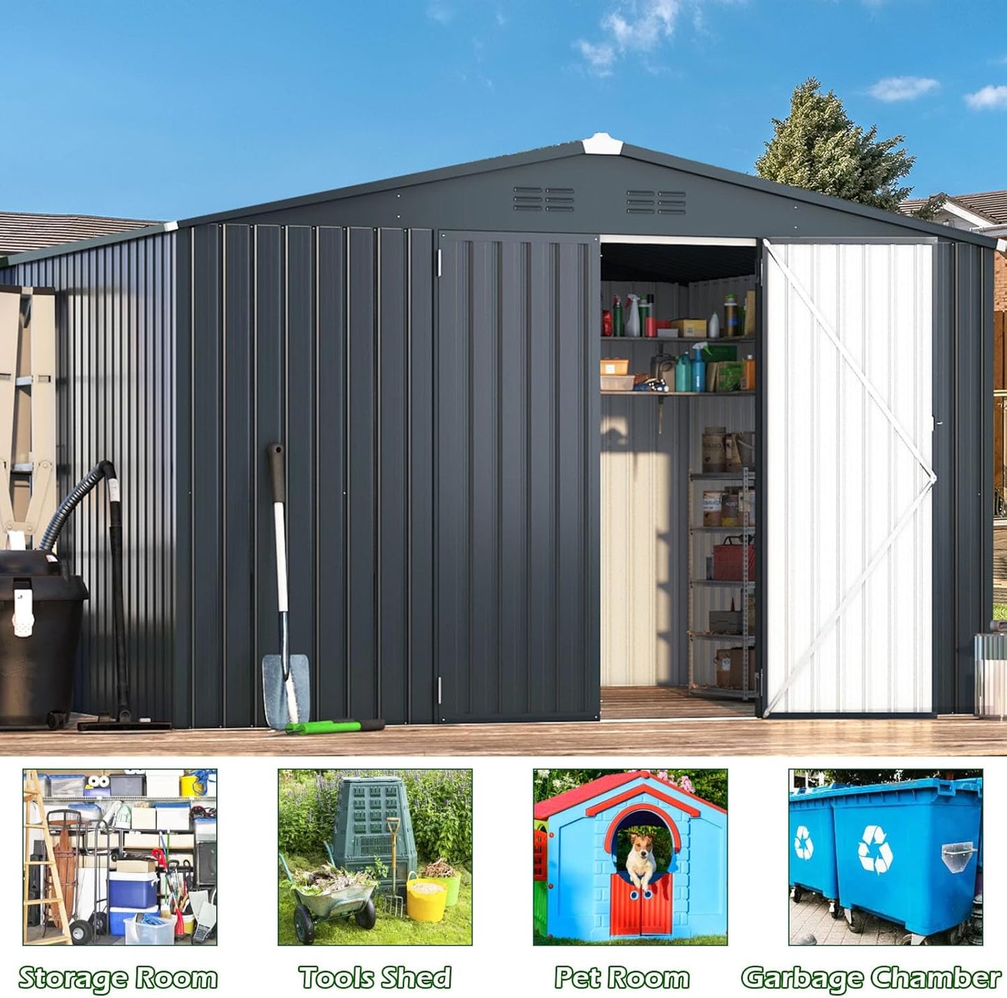 YODOLLA 10'x10' Metal Storage Shed, Dark Grey
