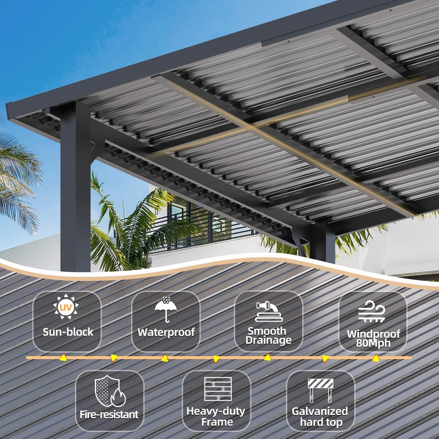 YODOLLA 16'x10' Wall-Mounted Pergola Hardtop Outdoor Gazebo