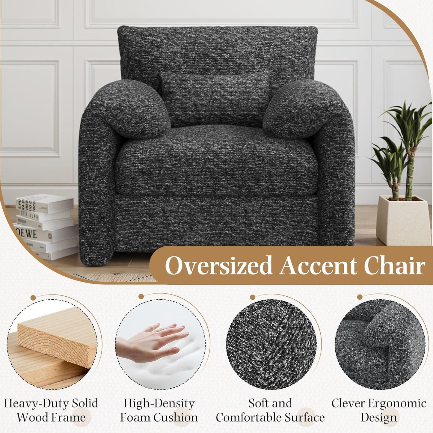 YODOLLA Oversized Armchair, Chenille Mid Century Accent Chair, Comfy Upholstered Single Sofa, Extra Wide Reading Chairs