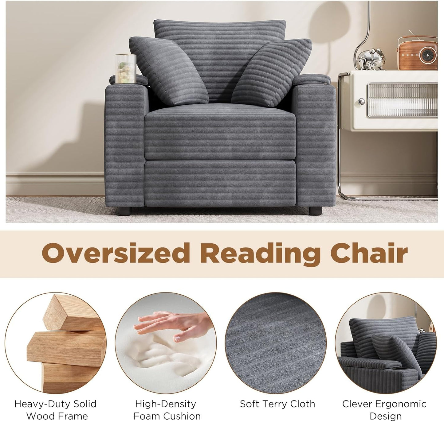 YODOLLA Chaise Lounge Chair Indoor, Oversized Sleeper Chair with Ottoman, Comfy Reading Sofa Armchair