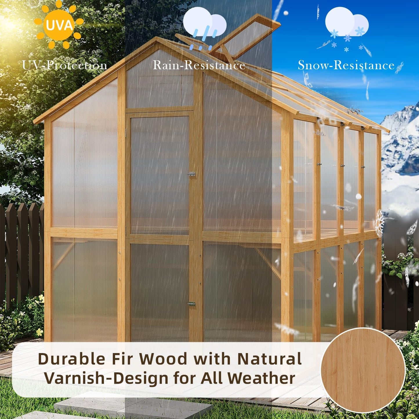 YODOLLA 6x7 FT Wooden Greenhouse, Walk-in Garden Greenhouse with Plant Stand