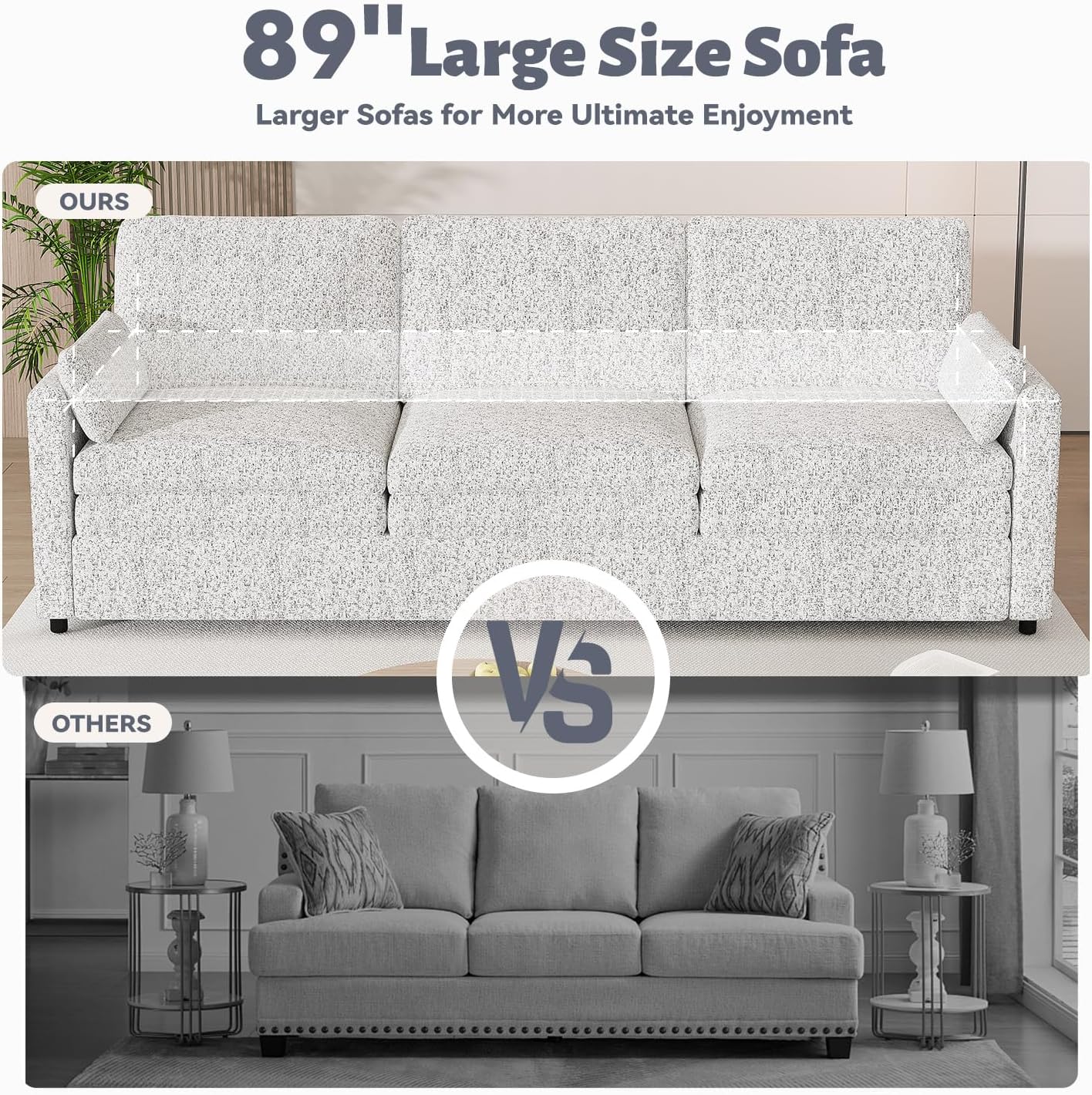 YODOLLA 89" Chenille Sofa, 3-Seater, 2 Removable Pillows, Gray