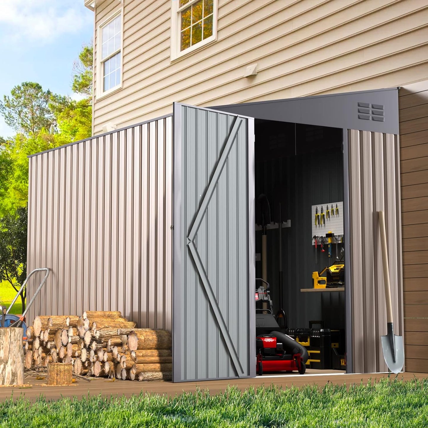 YODOLLA Outdoor 6' x 8' Metal Wall Side Lean to Storage Shed, Gray