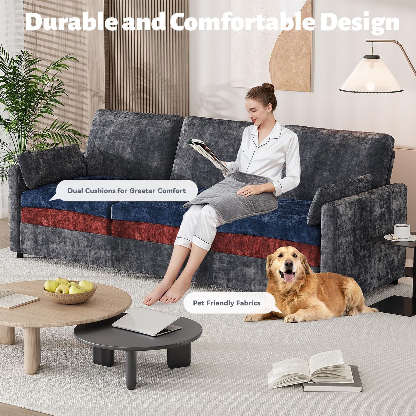 YODOLLA 89" Chenille Sofa, 3-Seater, 2 Removable Pillows, Black