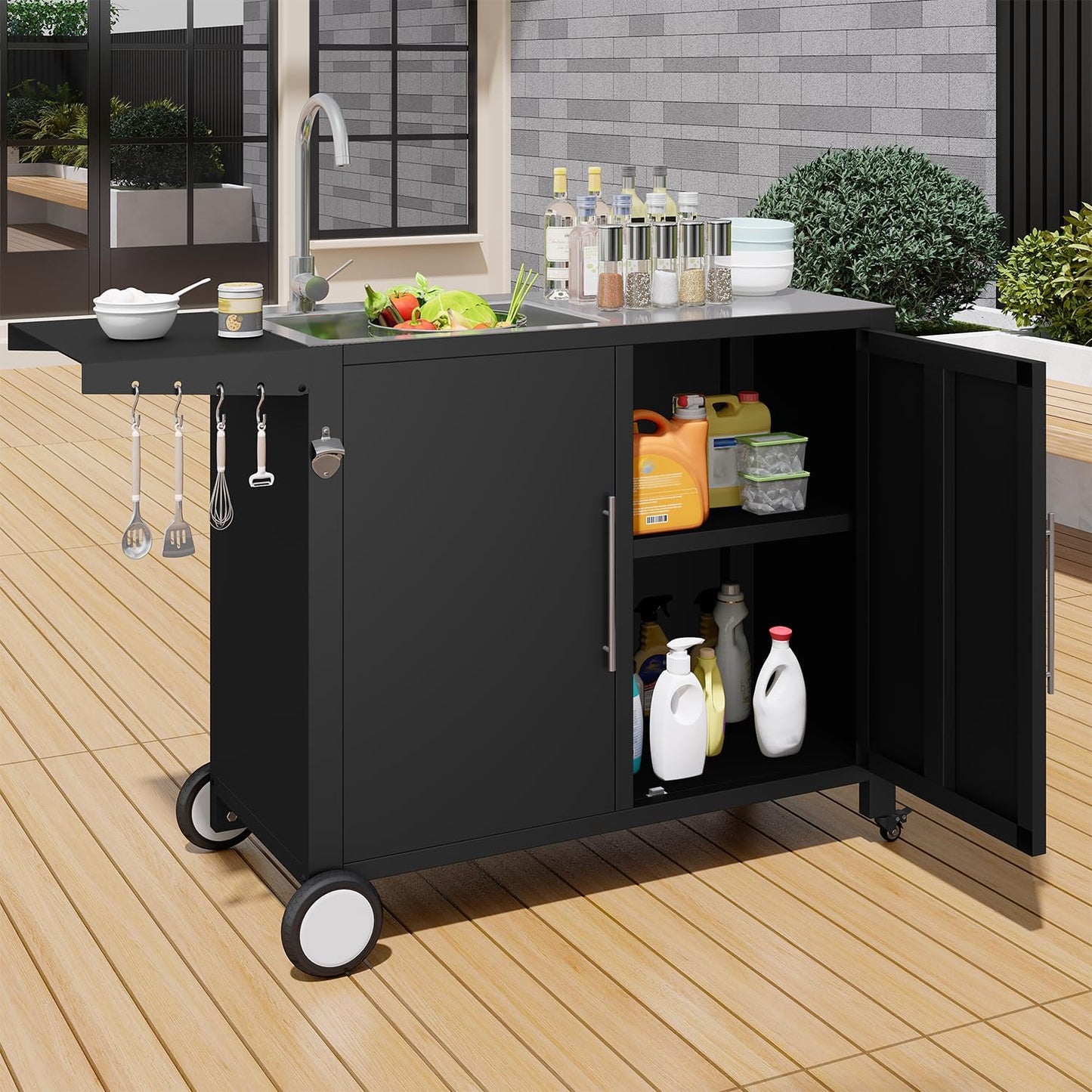 YODOLLA Grill Table with Sink, Stainless Steel Kitchen Island Cabinets Sink Station