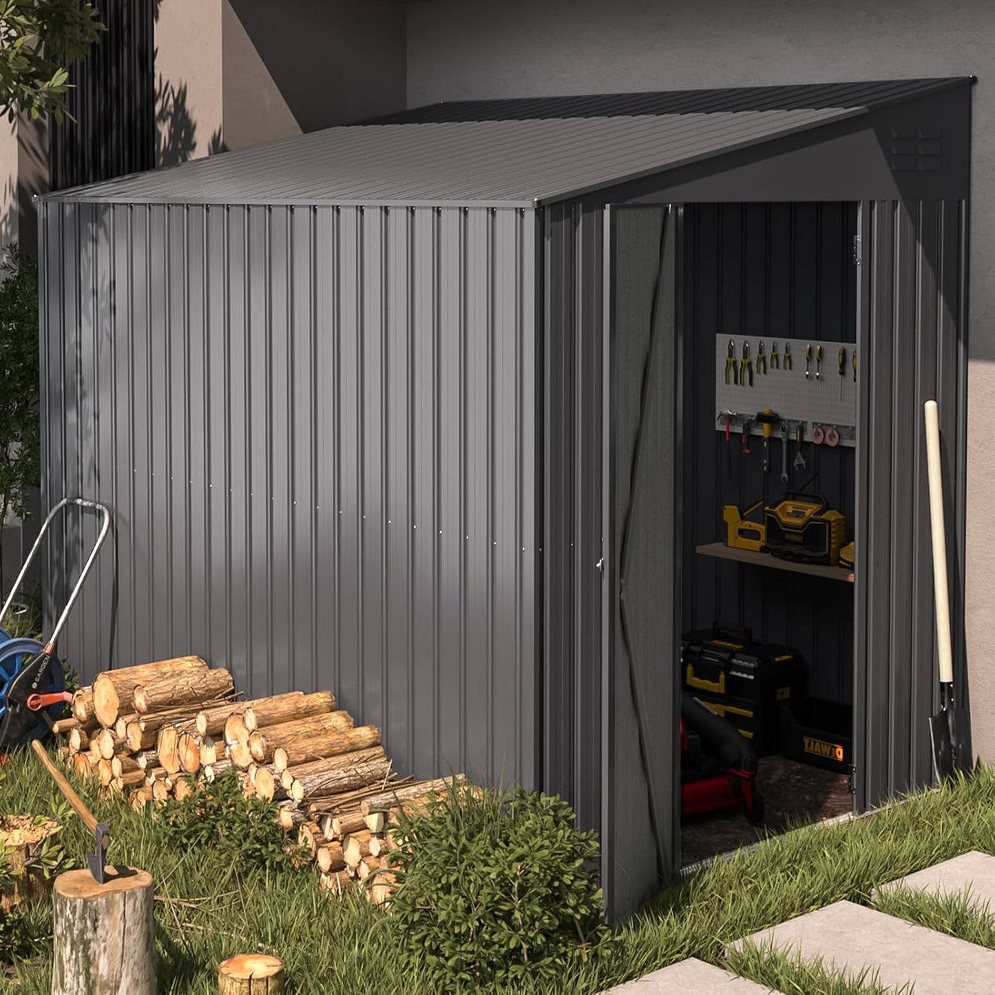 YODOLLA Outdoor 6' x 8' Metal Wall Side Lean to Storage Shed, Dark Gray