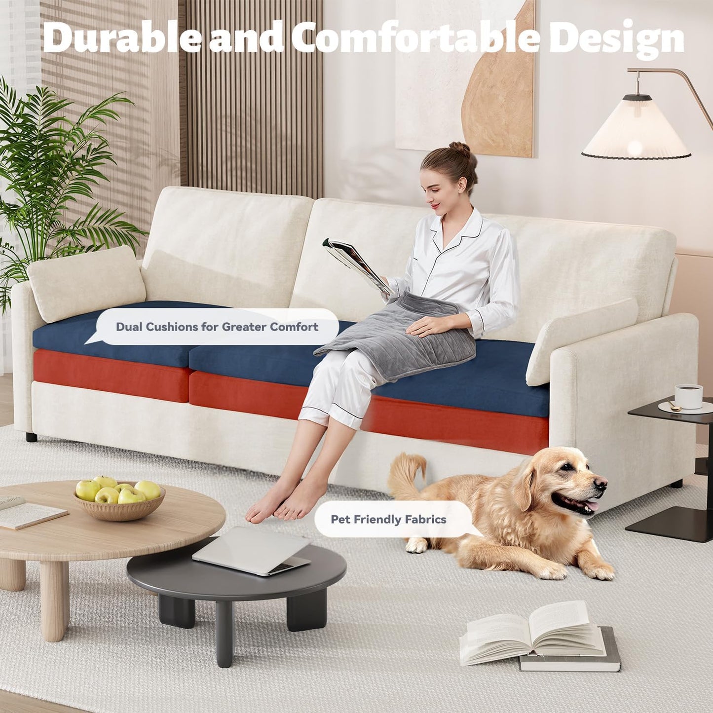 YODOLLA 89" Chenille Sofa, 3-Seater, 2 Removable Pillows, Cream White