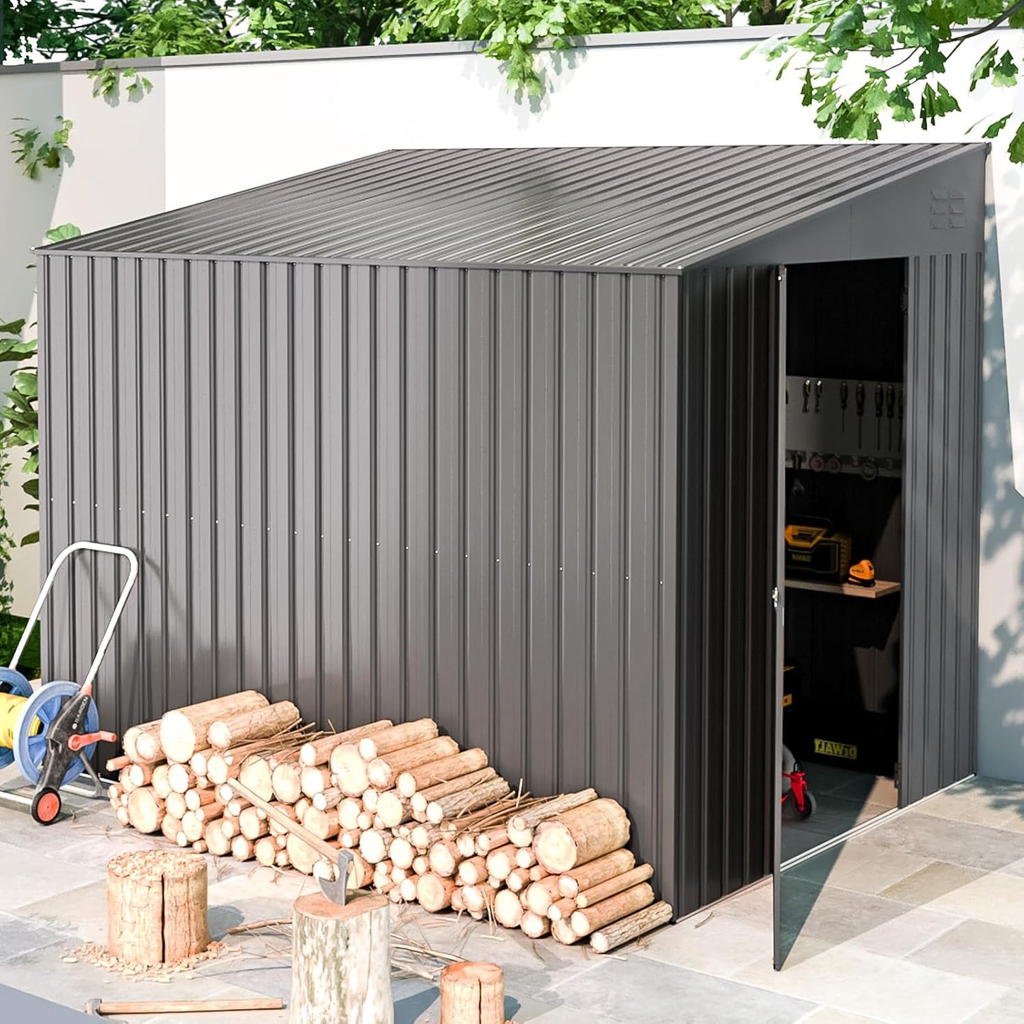 YODOLLA Outdoor 6' x 8' Metal Wall Side Lean to Storage Shed, Dark Gray
