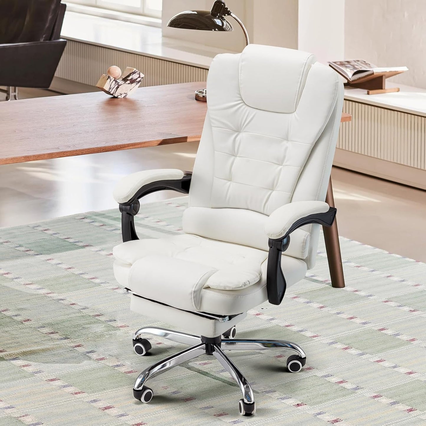 YODOLLA Massage Office Chair with Heat w/Retractable Footrest, Cream White