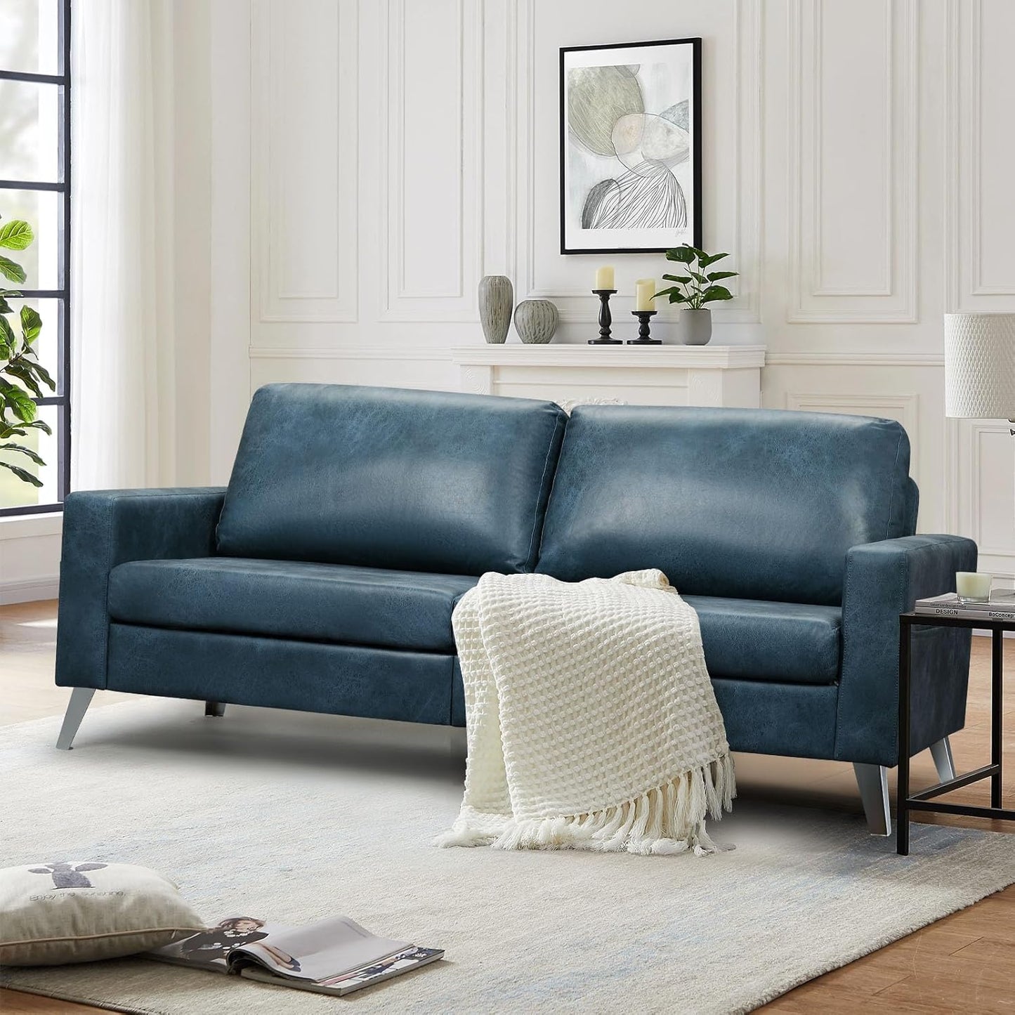 YODOLLA 79 Inch Sofa Couch for Living Room, Faux Leather, Saddle Blue