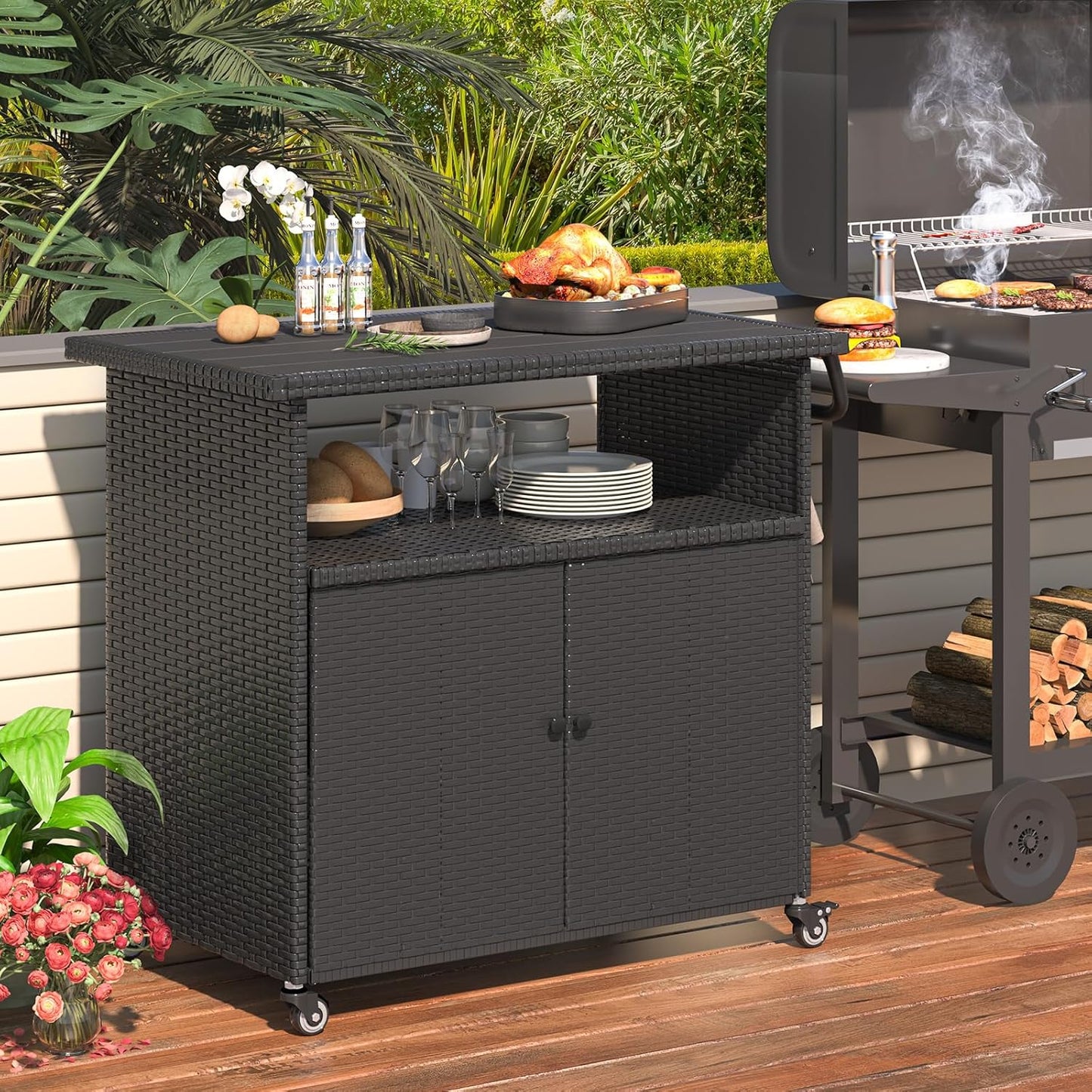 YODOLLA Outdoor Bar Cart, Patio Storage Grill Cart with Handles,Black