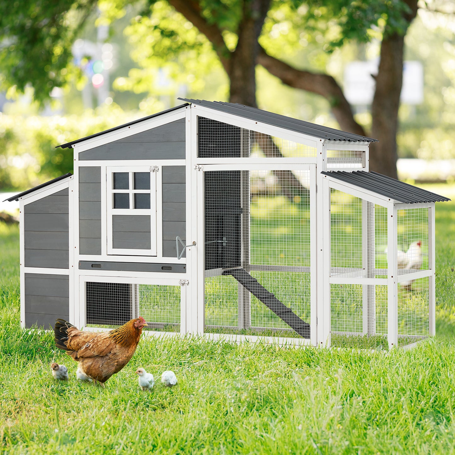 YODOLLA 81” Large Chicken Coop, Outdoor Wooden Hen House Poultry Cage Multi-Level Hutch w/Nesting Boxes & Run for 6-10 Chickens, Grey&White