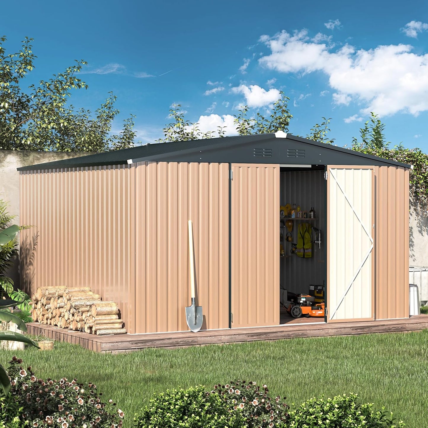 YODOLLA Shed 12' x 10' Outdoor Storage Shed, Grey