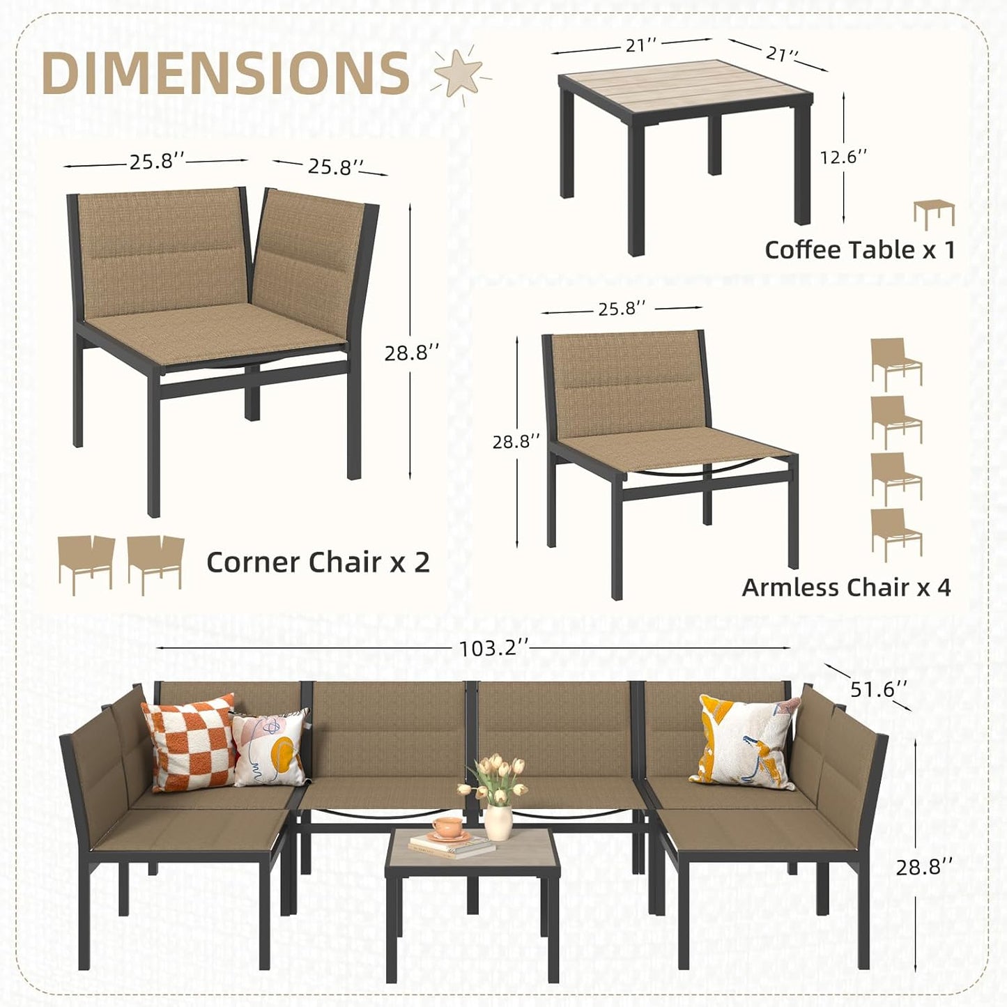 YODOLLA 7-Pc Sectional Patio Set Textilene Fabric, Brown