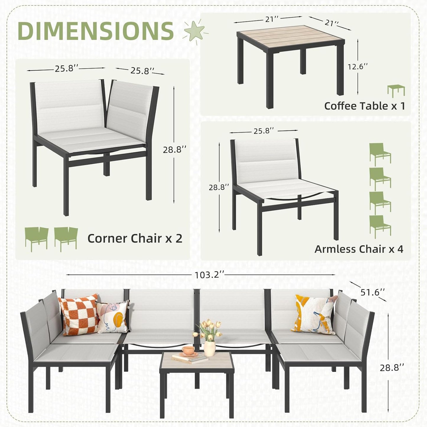 YODOLLA 7-Pc Sectional Patio Set Textilene Fabric, Off-White