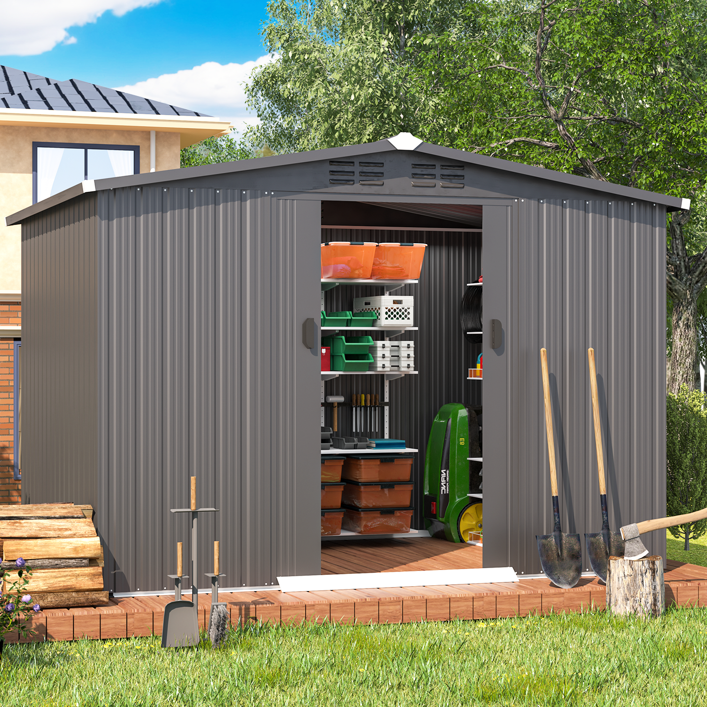 YODOLLA 8x6 Woodgrain Outdoor Storage Shed, Dark Grey