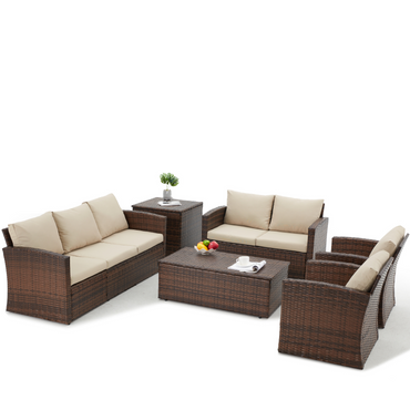 YODOLLA 7 Pieces Patio Furniture with Two Storage Boxes, Brown & Beige