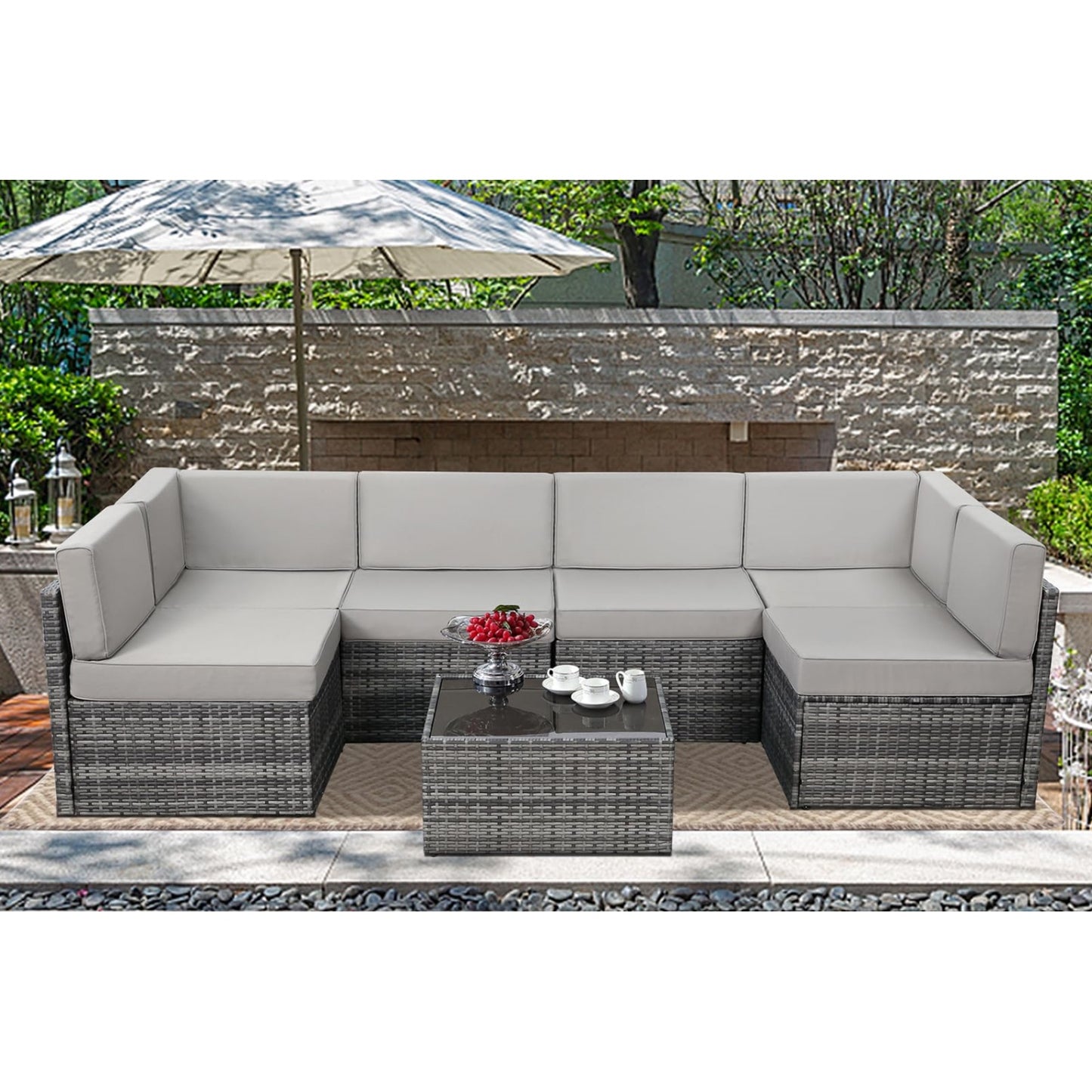 YODOLLA 7 Piece Outdoor Patio Furniture Set, Gray & Gray