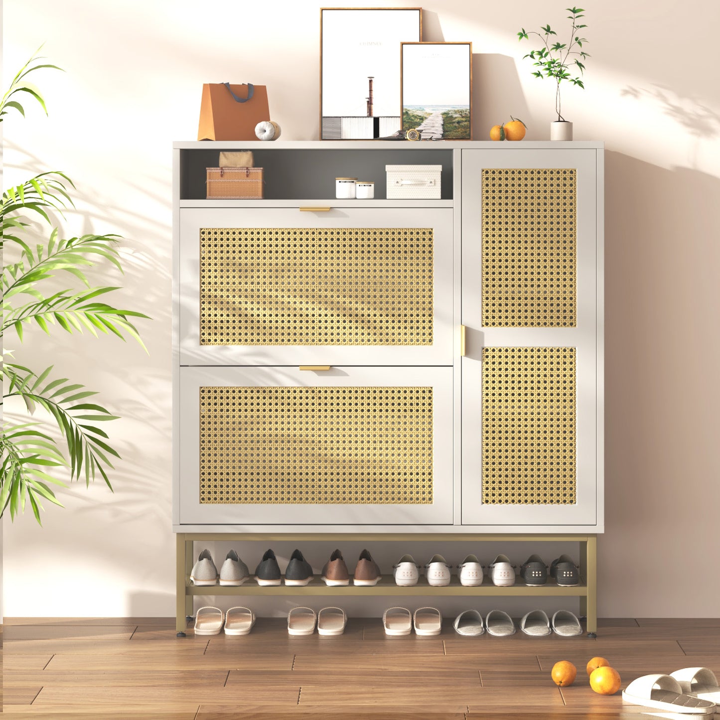 YODOLLA Rattan Shoe Cabinet with 3 Flip Drawers, Brown