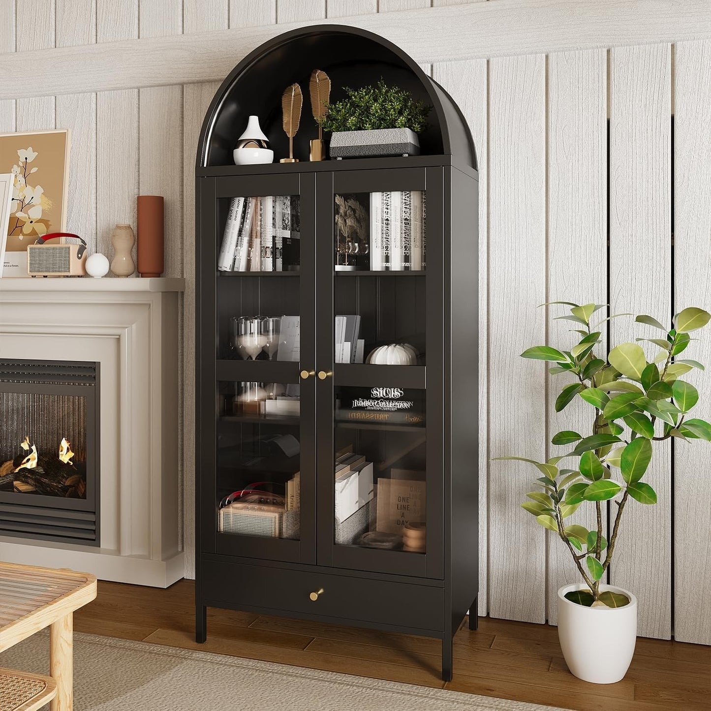 YODOLLA 73'' Kitchen Pantry, Metal Arched Storage Cabinet, Modern Display Bookcase China Cabinet