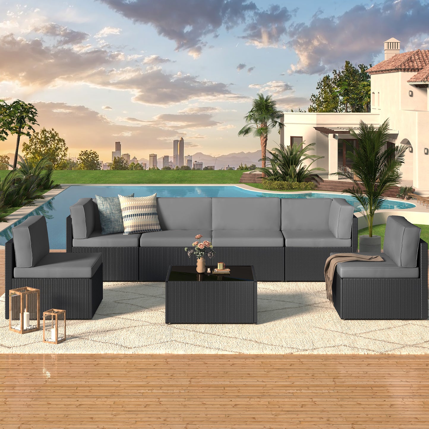 YODOLLA 7 Piece Outdoor Patio Furniture Set with 30 Inch Fire Pit Table, Black Rattan Dark Gray Cushion