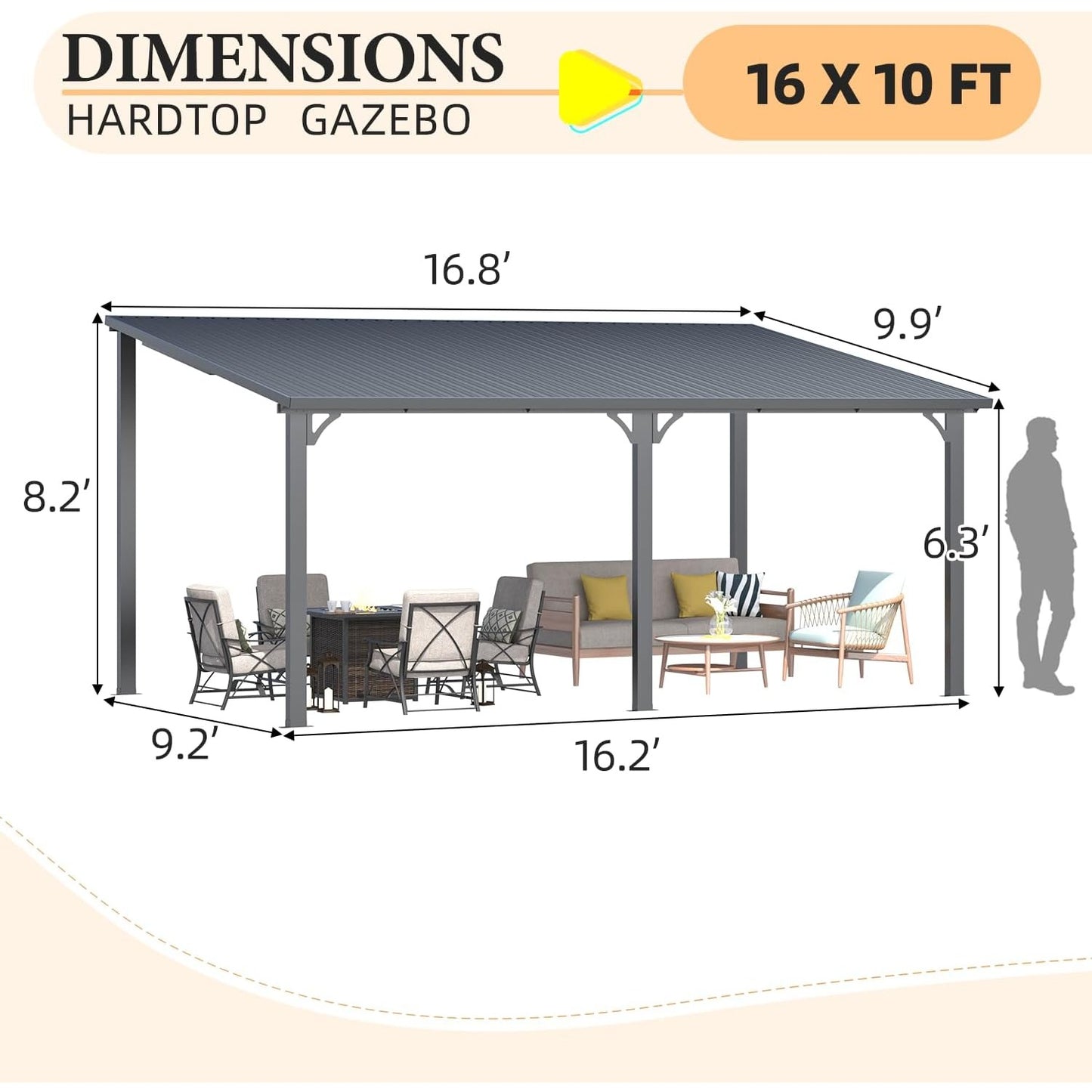 YODOLLA 16'x10' Wall-Mounted Pergola Hardtop Outdoor Gazebo