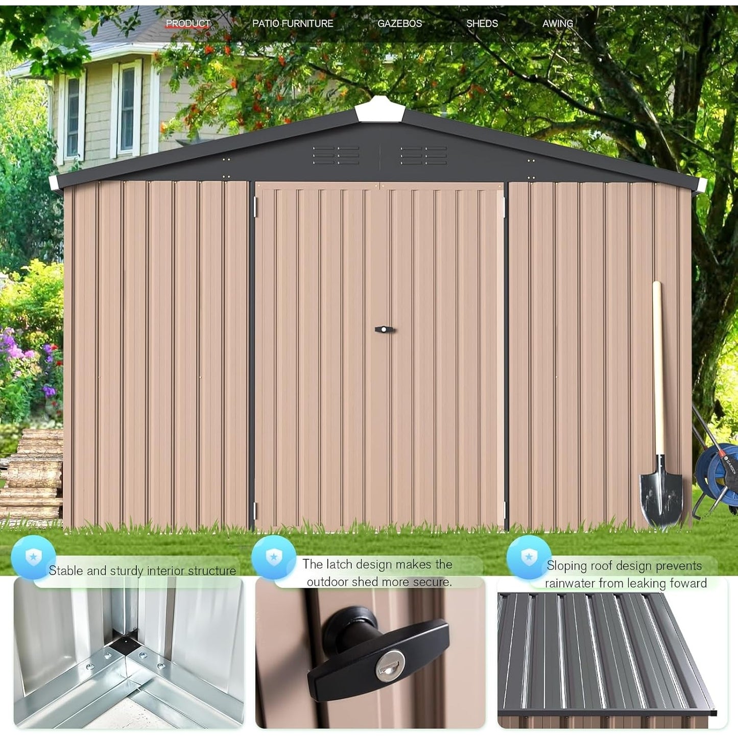 YODOLLA 10x14 Metal Outdoor Storage Garden Shed, Brown