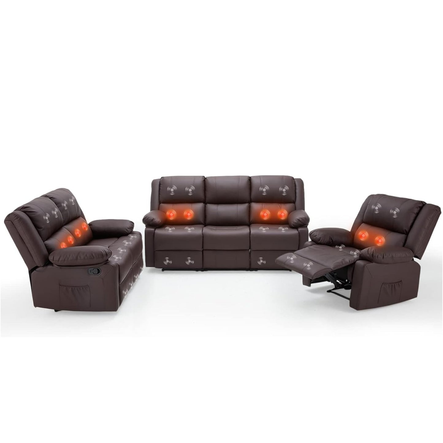 YODOLLA 3 PCS Recliner Sofa Set Overstuffed Leather Reclining Sofa, Brown