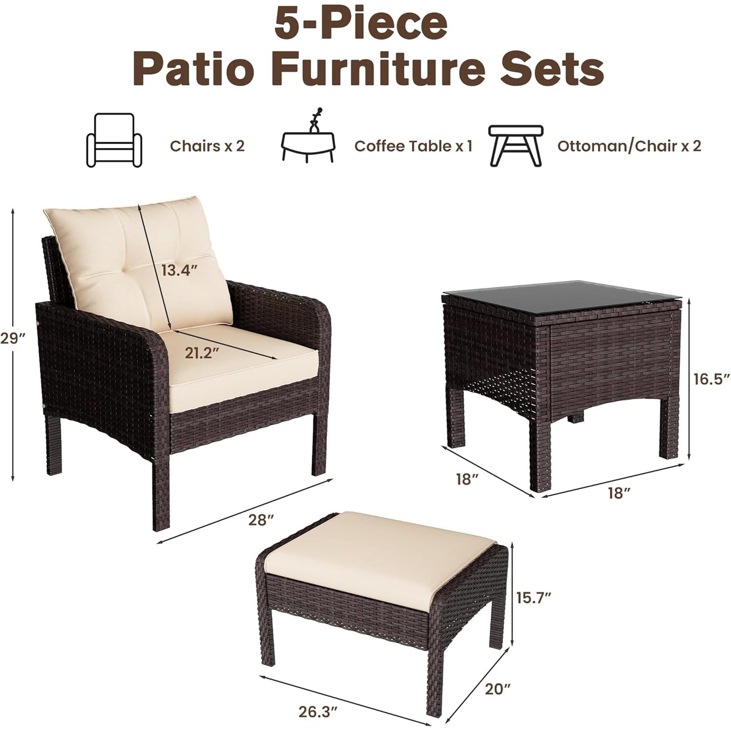 YODOLLA Outdoor 5 Pieces Patio Furniture Set, Beige
