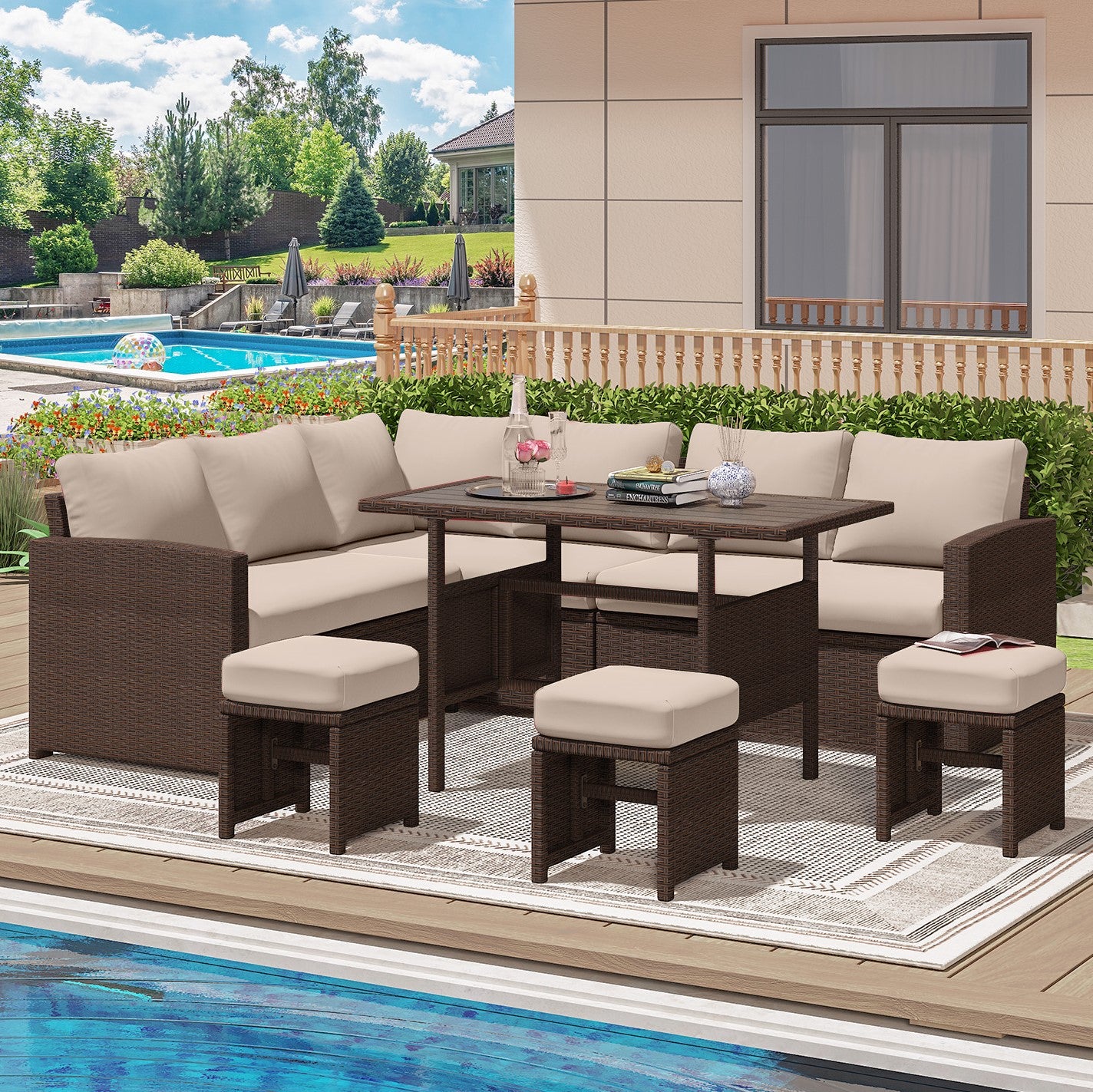 YODOLLA 7-Pc Patio Set, Brown Rattan & Khaki Cushions