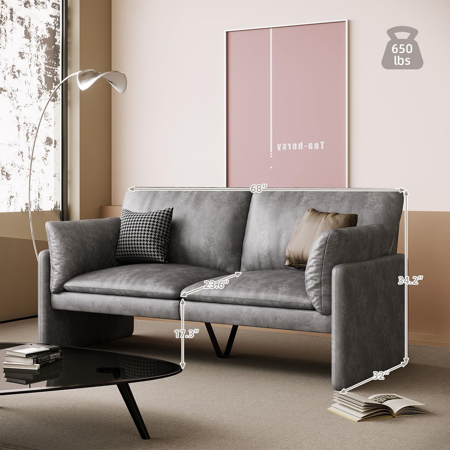 YODOLLA 68'' Modern Love Seat Sofa Couches, Faux Leather Gray