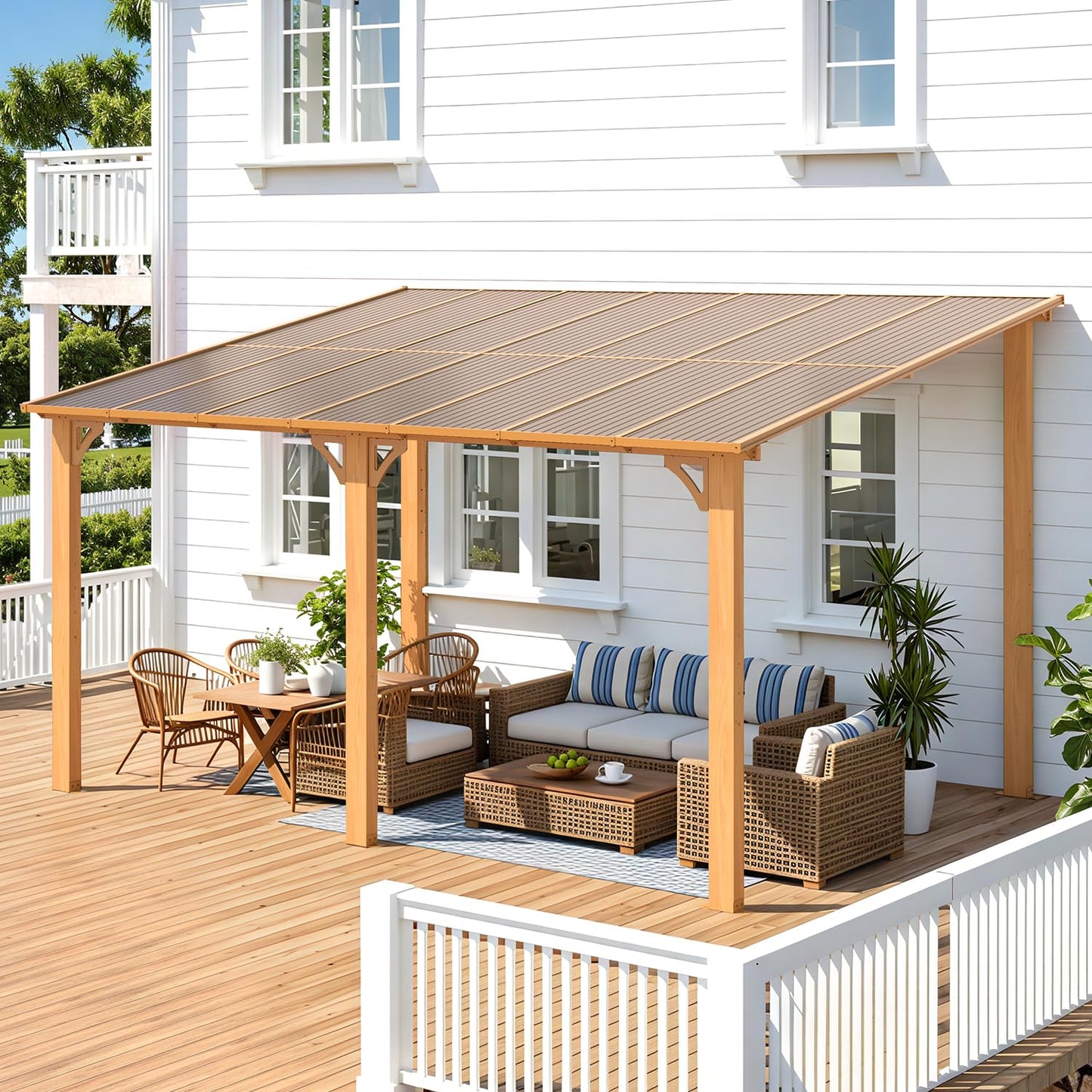 YODOLLA 14' x 10' Wood Grain Hard Top Lean to Gazebo Pergola