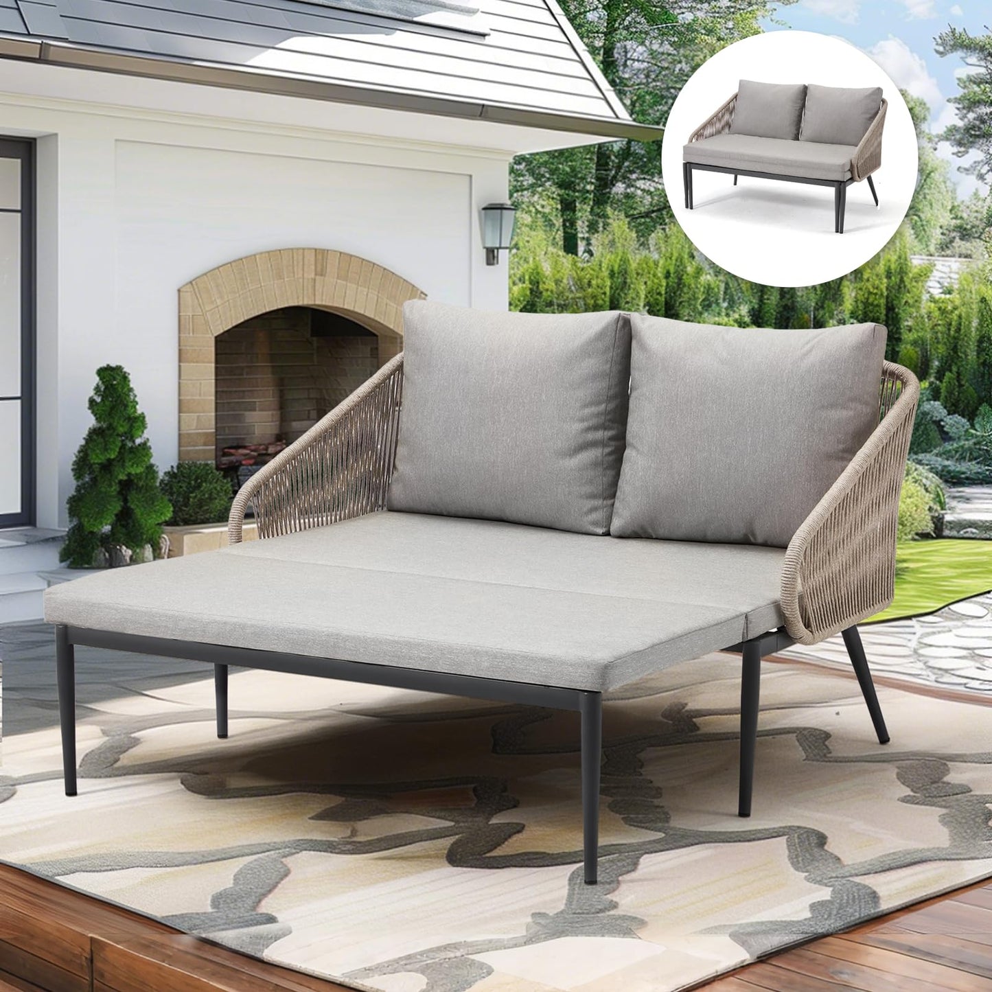 YODOLLA Outdoor Double Chaise Lounge Chair Convertible Patio Loveseat Sofa Couch