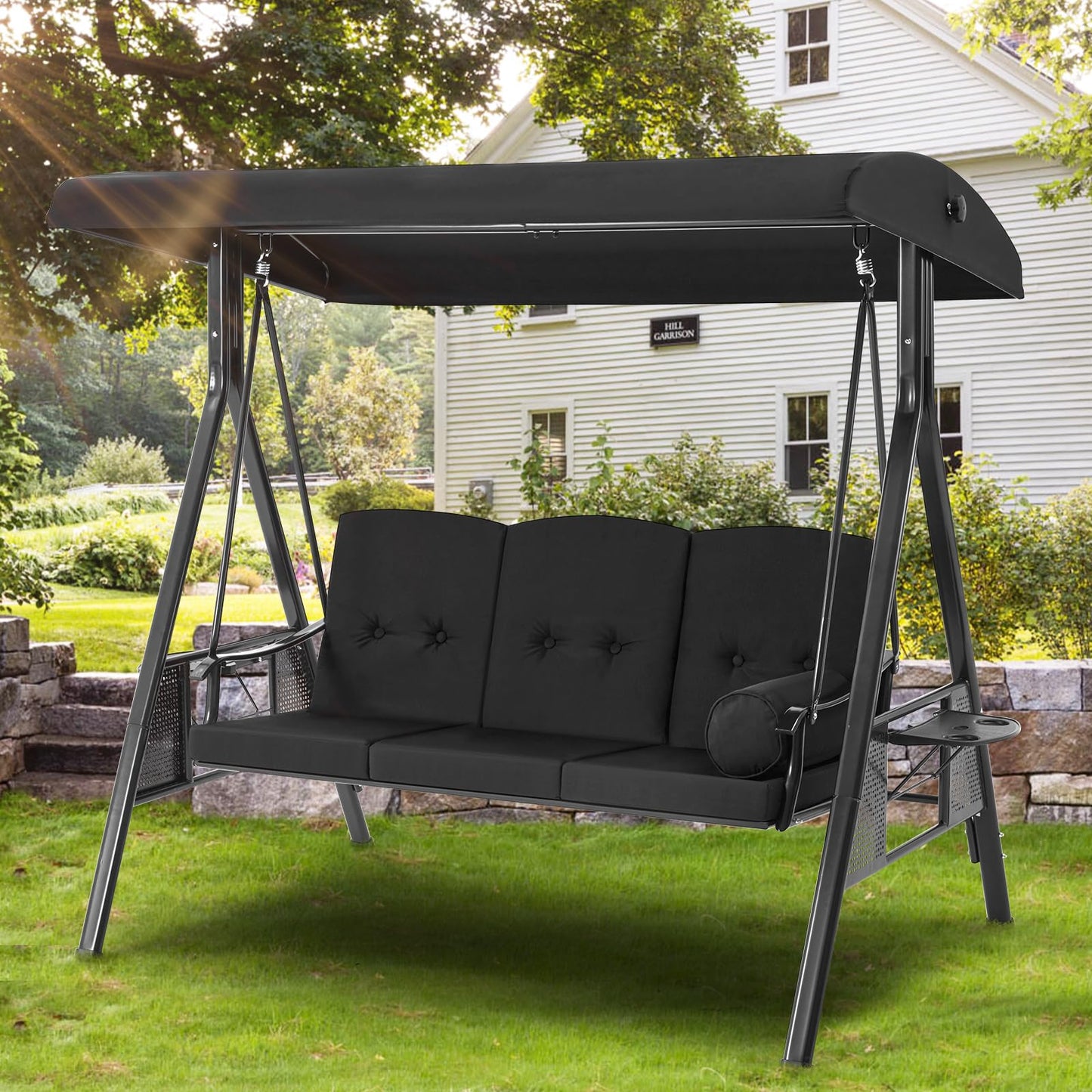 YODOLLA 3-Seat Porch Swings with Adjustable Canopy, Black