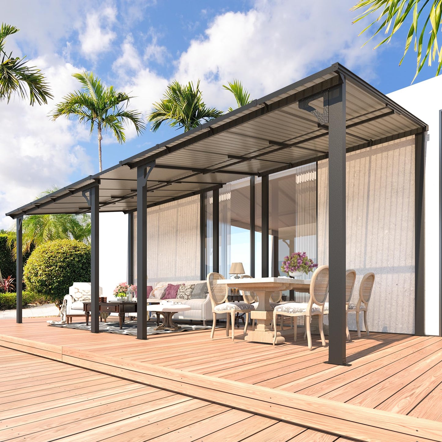 YODOLLA 18' x 8' Wall-Mounted Hard Top Lean-to Gazebo for Patio