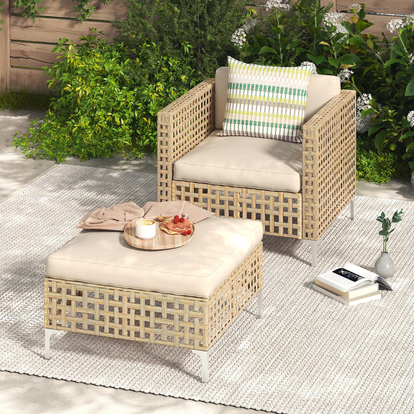 YODOLLA Outdoor Wicker Patio Furniture Sofa, Single Chair+Ottoman
