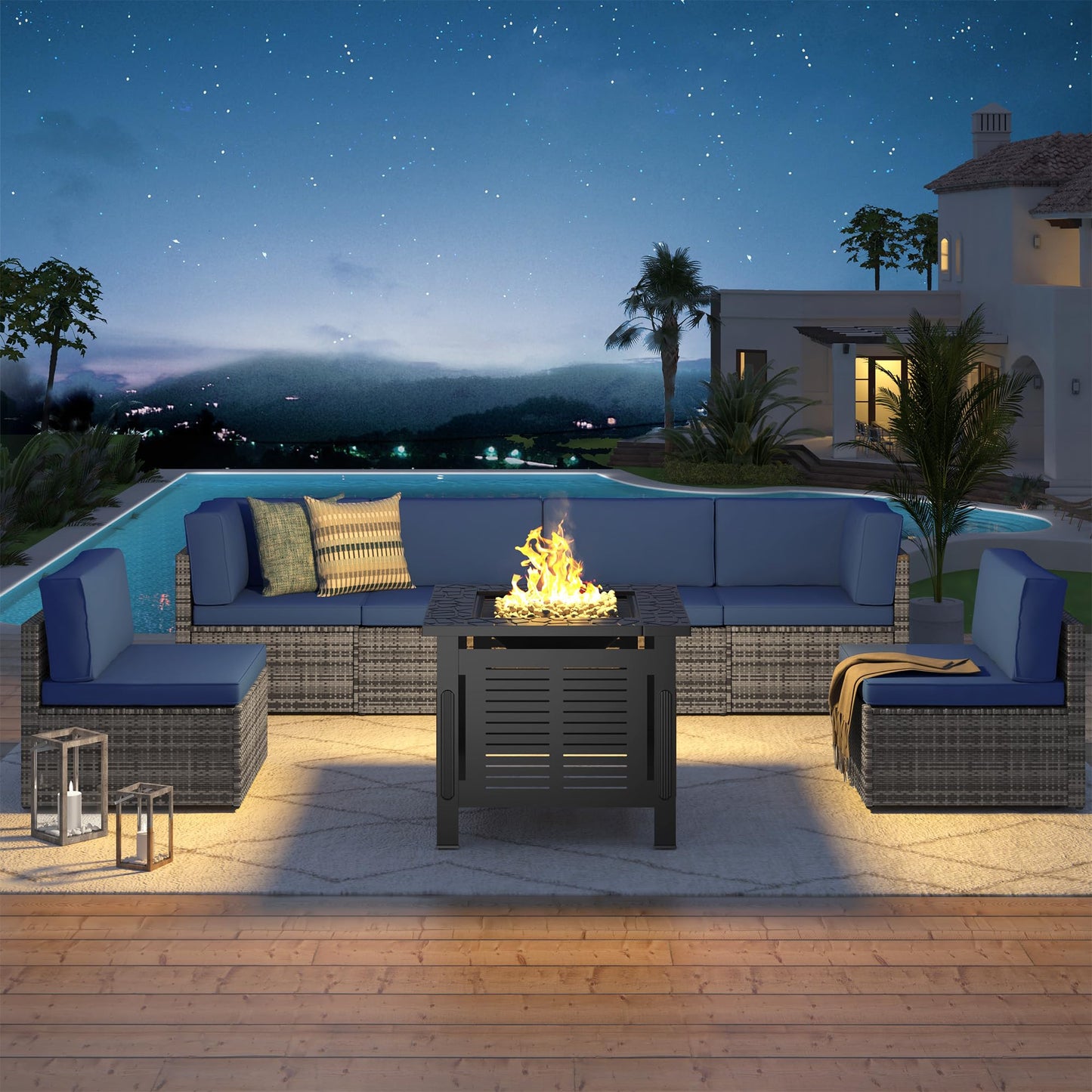 YODOLLA 7 Piece Outdoor Patio Furniture Set with 30 Inch Fire Pit Table, Gray Rattan Dark Blue Cushion