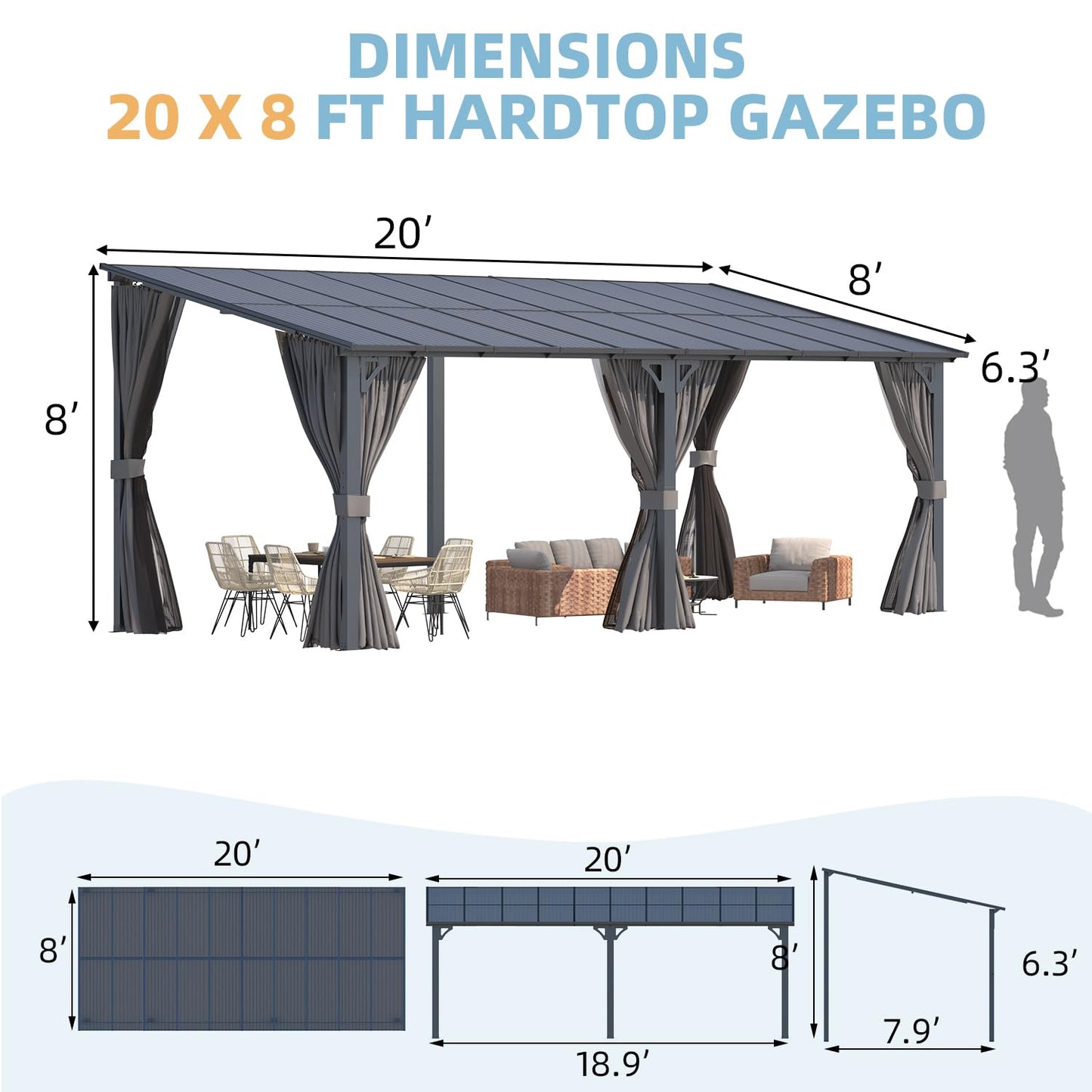 YODOLLA 20' x 8' Outdoor Gazebo Pergola with Curtains and Netting