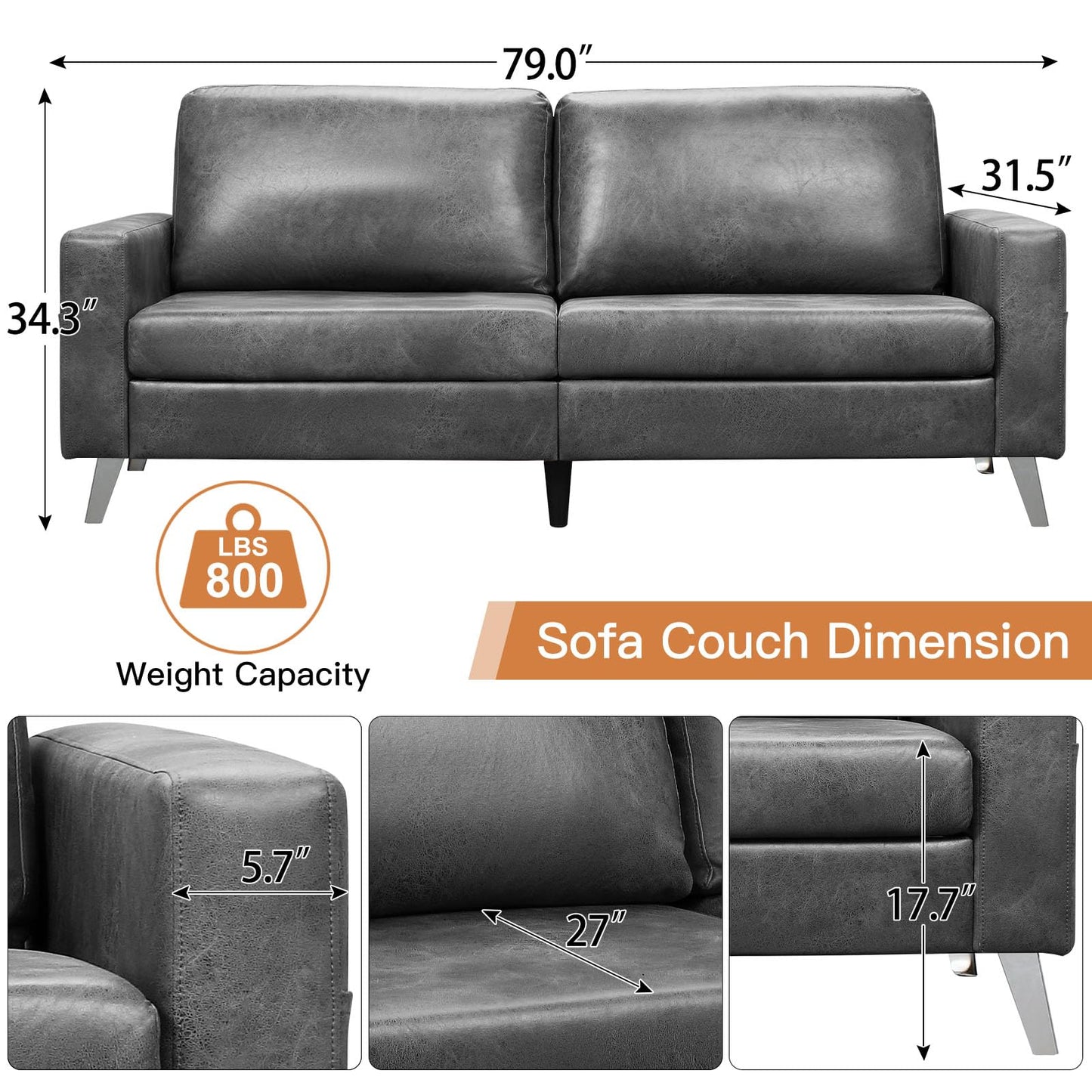 YODOLLA 79 Inch Sofa Couch for Living Room, Faux Leather, Gray