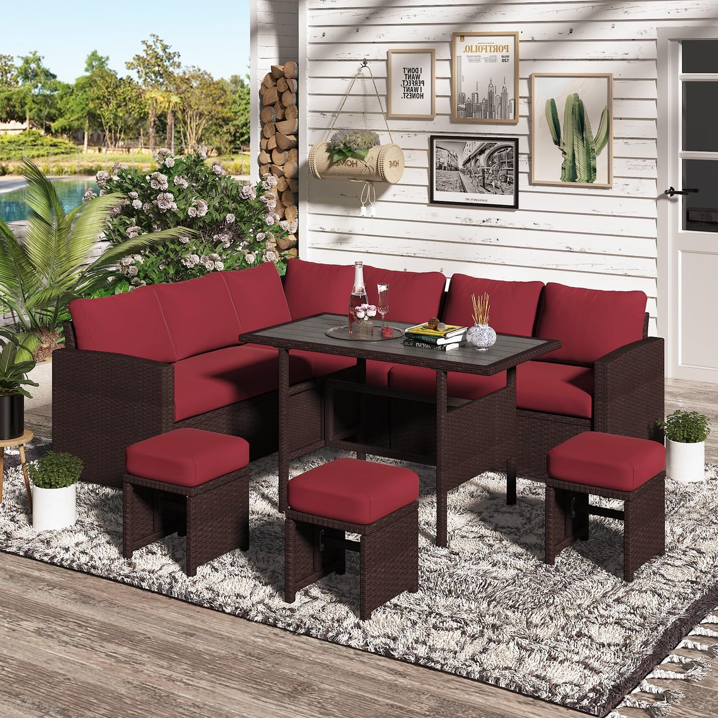 YODOLLA 7 Pieces Outdoor Wicker Rattan Furniture Set, Brown & Wine Red