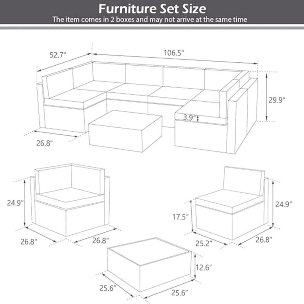 YODOLLA 7 Piece Outdoor Patio Furniture Set with 30 Inch Fire Pit Table, Grey Rattan Dark Blue Cushion
