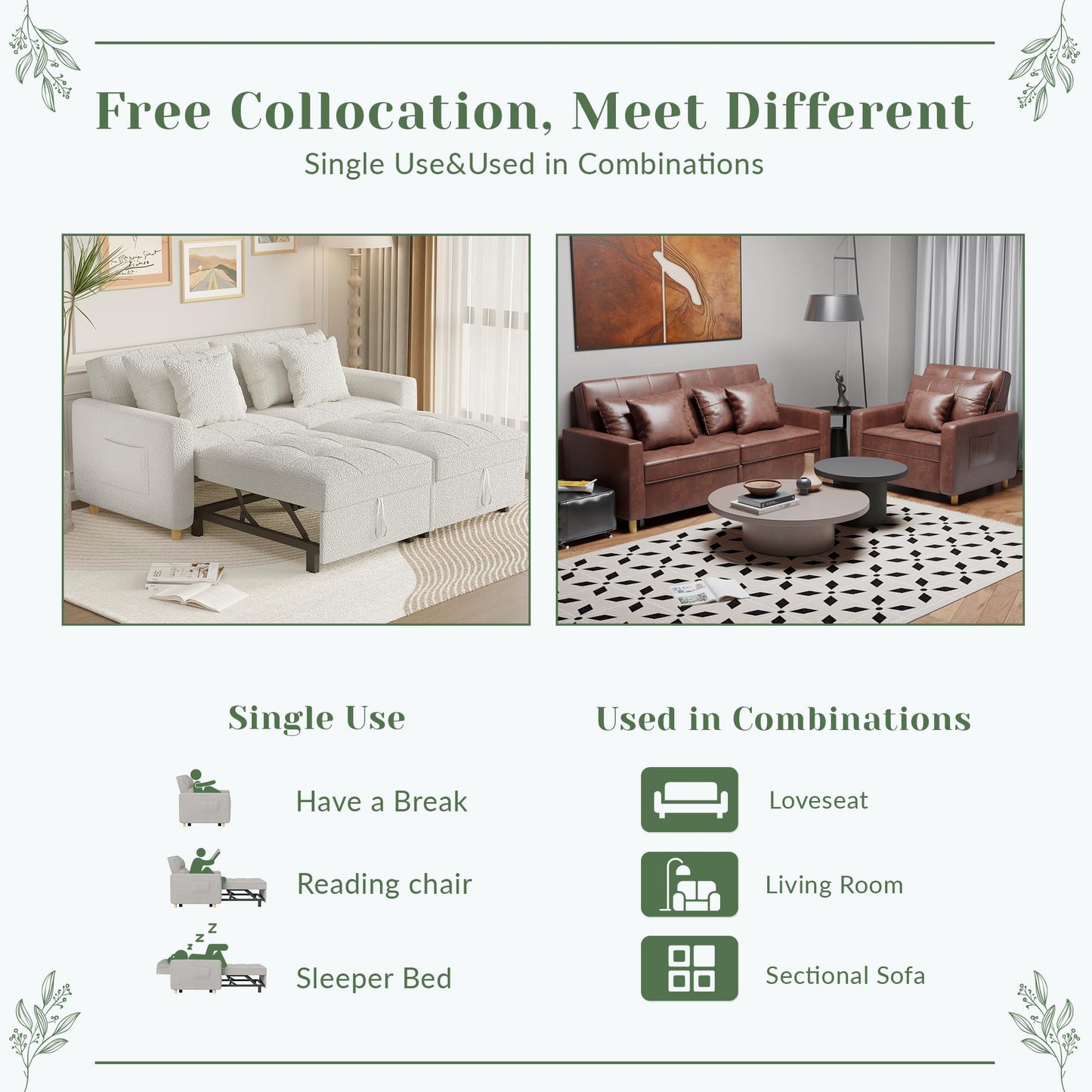 YODOLLA Comfortable 3-1 Convertible Sofa Bed,Teddy White