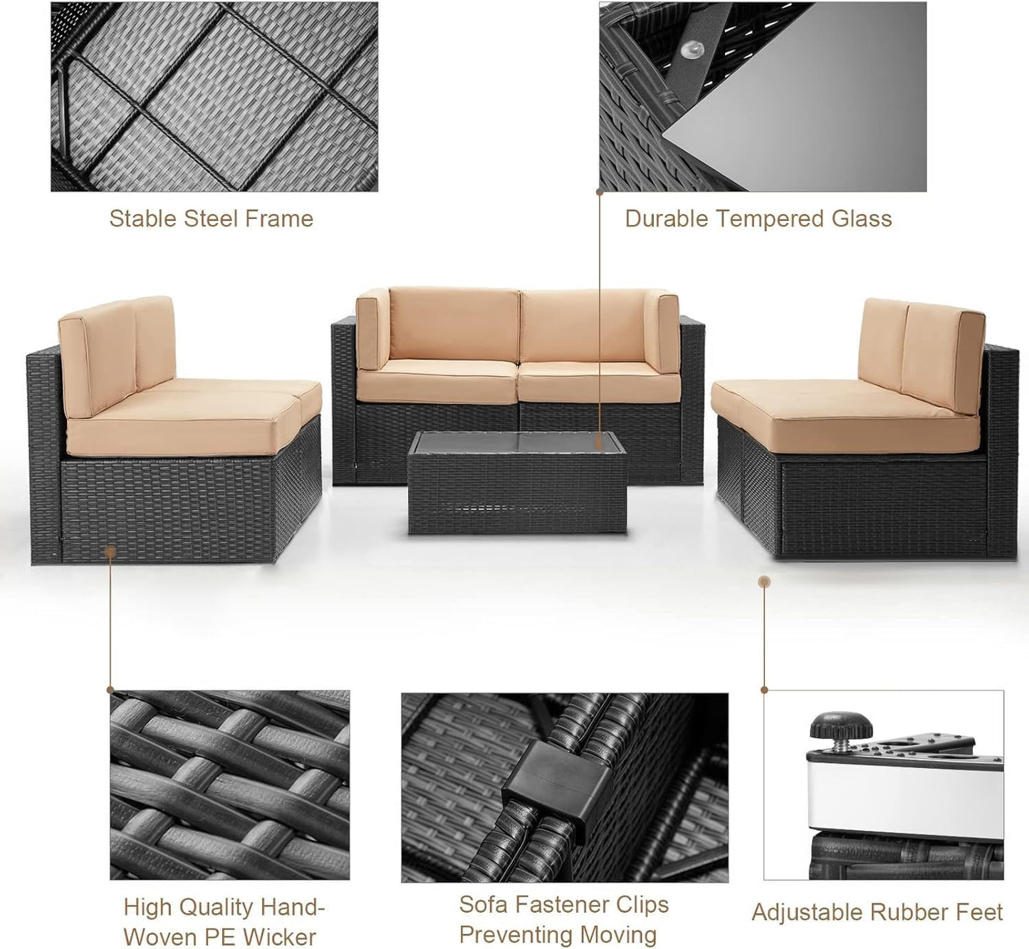 YODOLLA 7 Piece Outdoor Patio Furniture Set with 30 Inch Fire Pit Table, Black Rattan Beige Cushion
